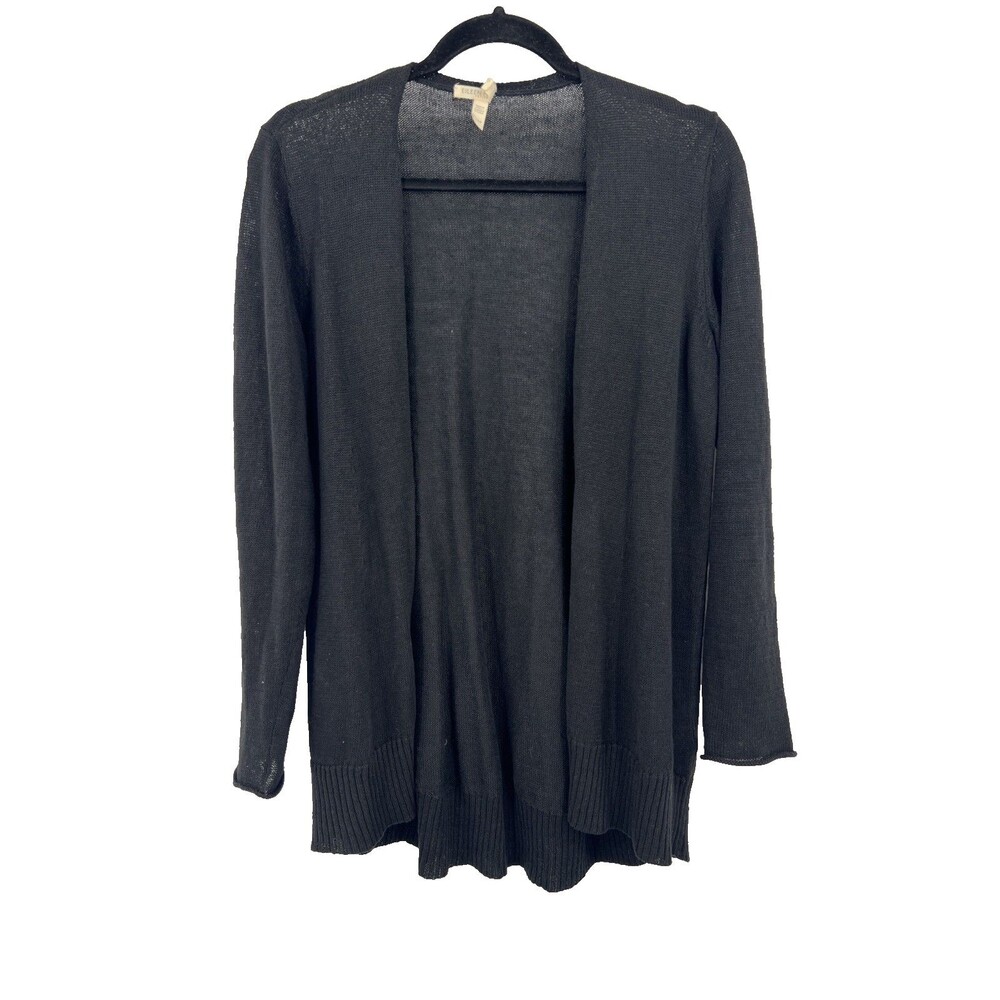 Womens Eileen Fisher Black Organic Linen Cardigan Sweater S/P *